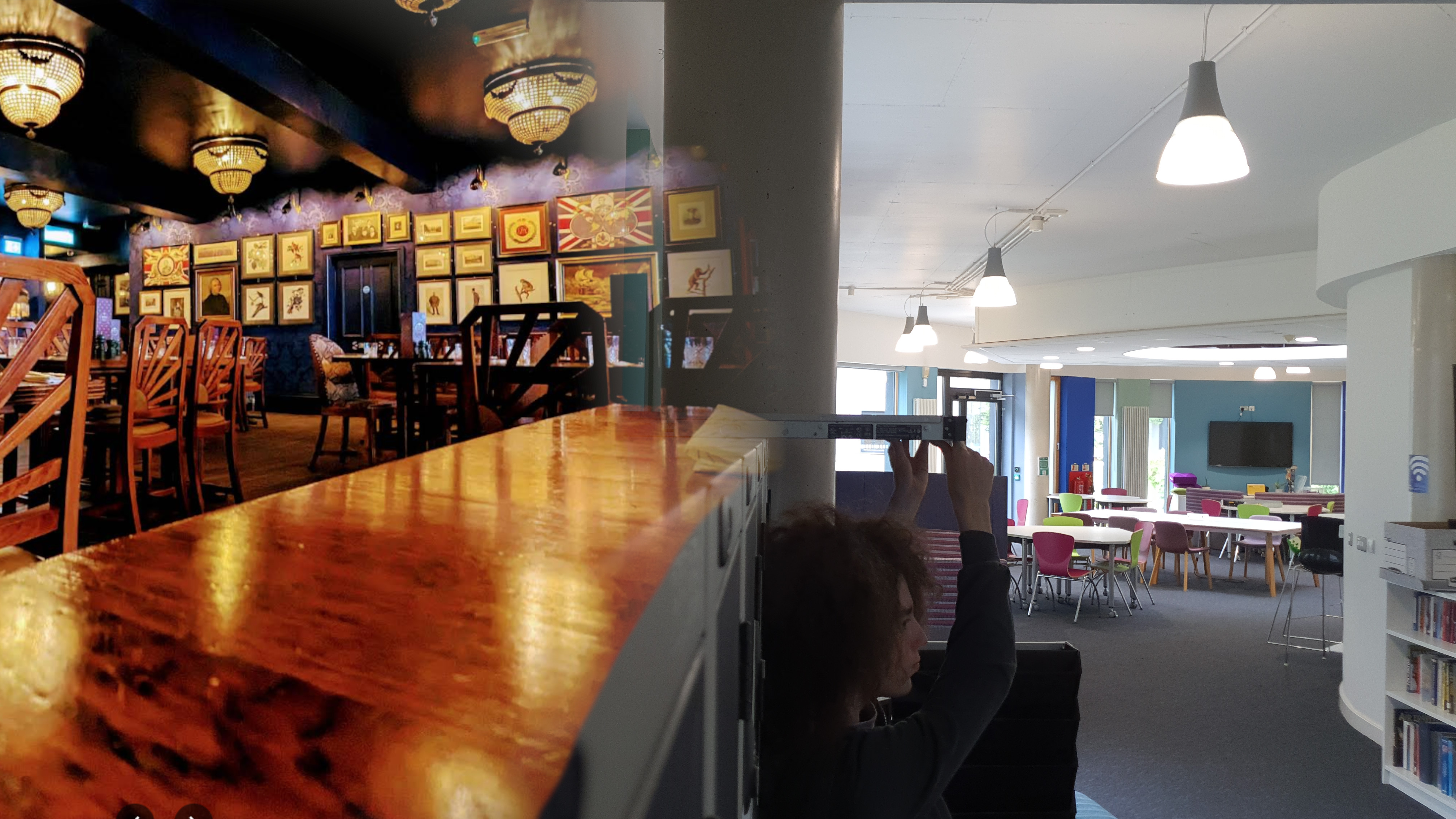 A background image showing a fading between the CS Pod and a stock image of a pub