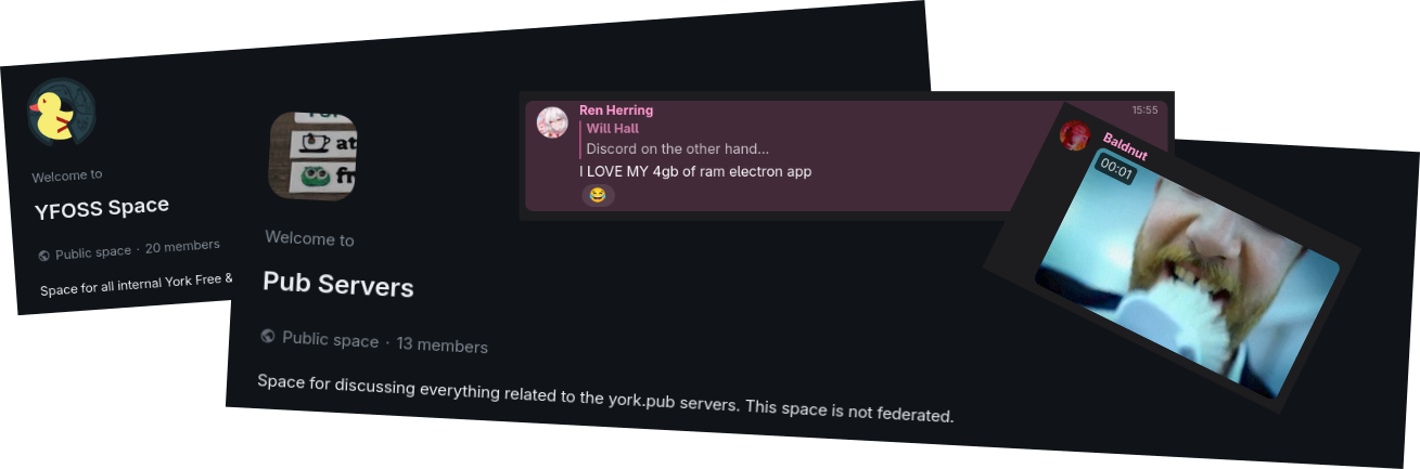 A collage of screenshots showing, amongst other things, the YFOSS Space, york.pub servers space and some random messages.